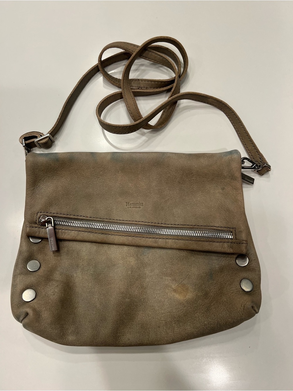 Hammitt Distressed Taupe Leather Crossbody with Stud Accents